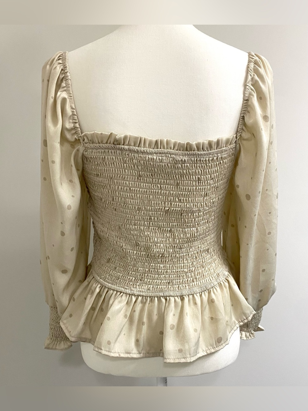Mine Womens L Tan Polka Dot Satin Peplum Top Boho Fall Neutral Fairy Cottagecore - Picture 4 of 13